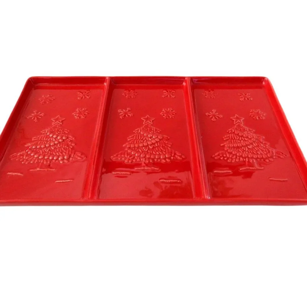 Sur La Table Red Ceramic 3 Section Divided Tray Lidded Bowl Christmas Tree